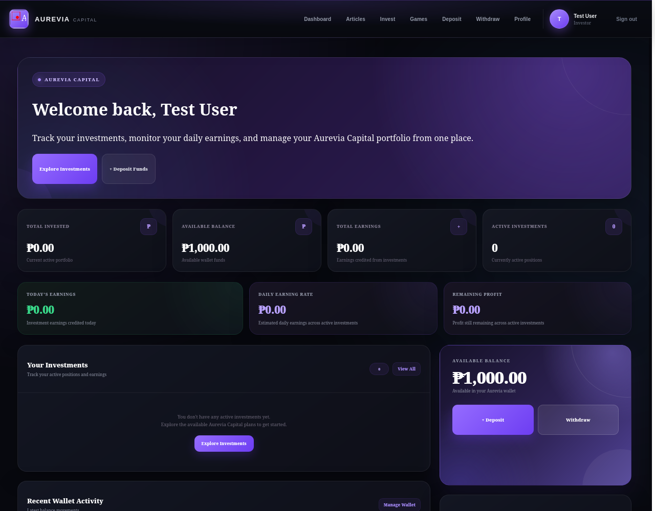 Aurevia Capital — user dashboard