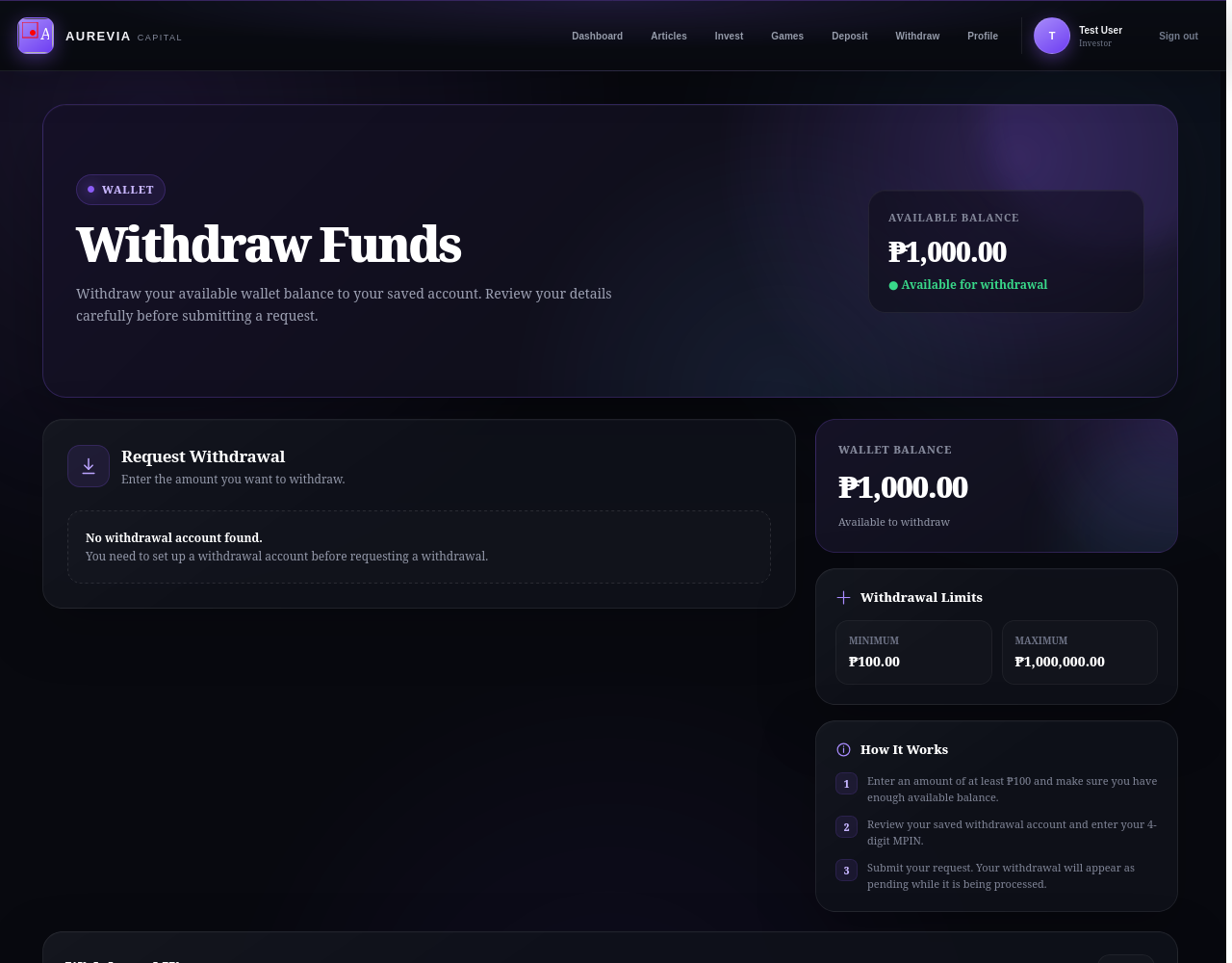 Aurevia Capital — withdrawal page